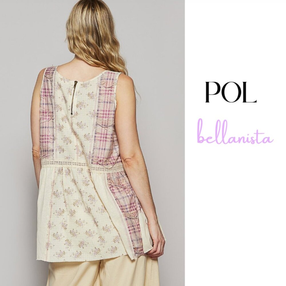T467 POL Lavender Cream Floral Plaid Long Tunic Top - Picture 5 of 5
